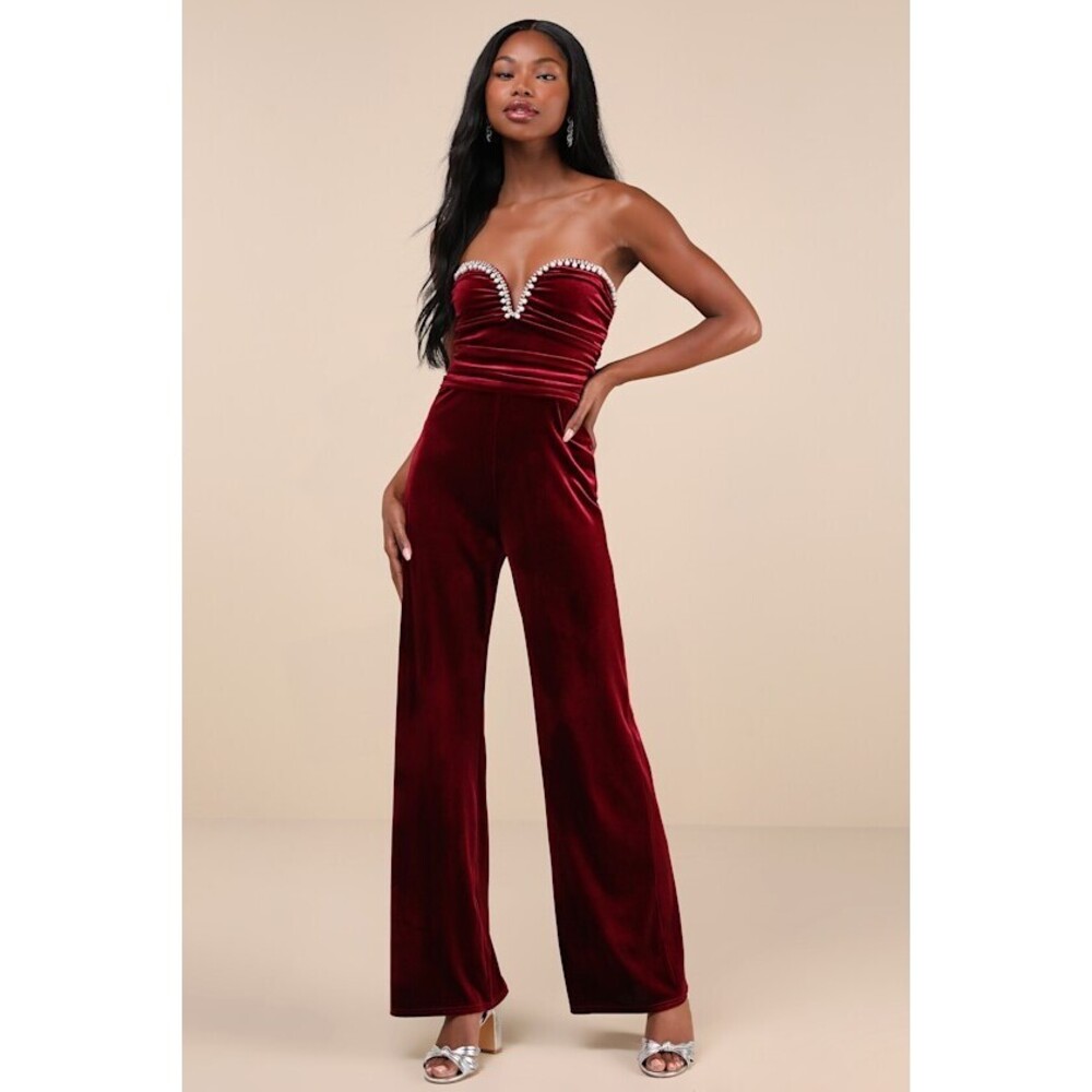 Lulus Fabulous Instinct Burgundy Velvet Pearl Strapless Jumpsuit Red - Size M